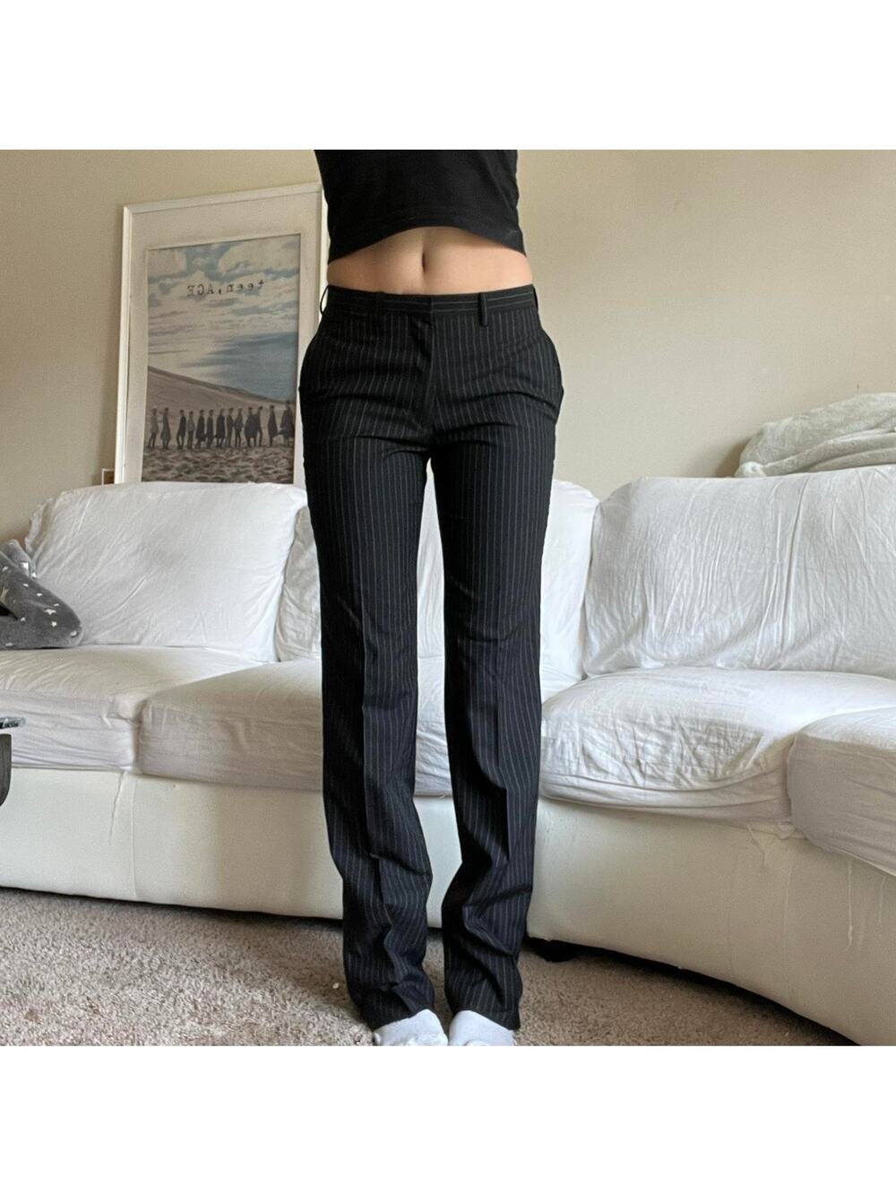 Black pinstripe straight leg dress pants with a front seem